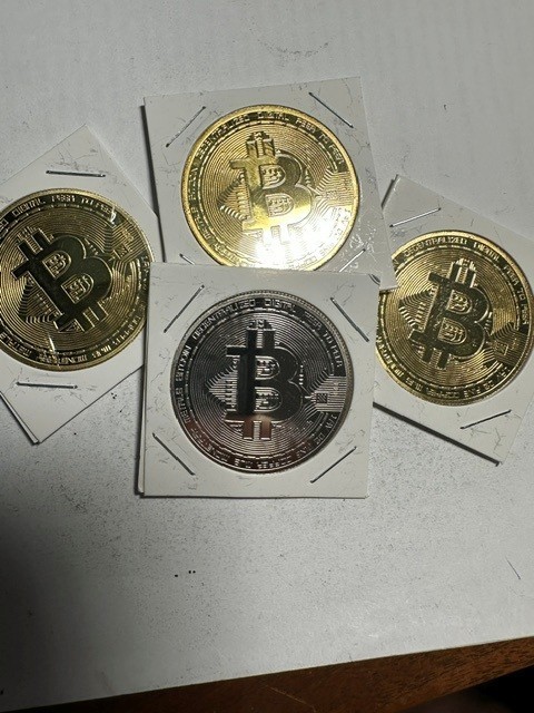 Novelty Commemorative 7 Coin Collection Lot — Bitcoin, Hello Kitty, Marvel