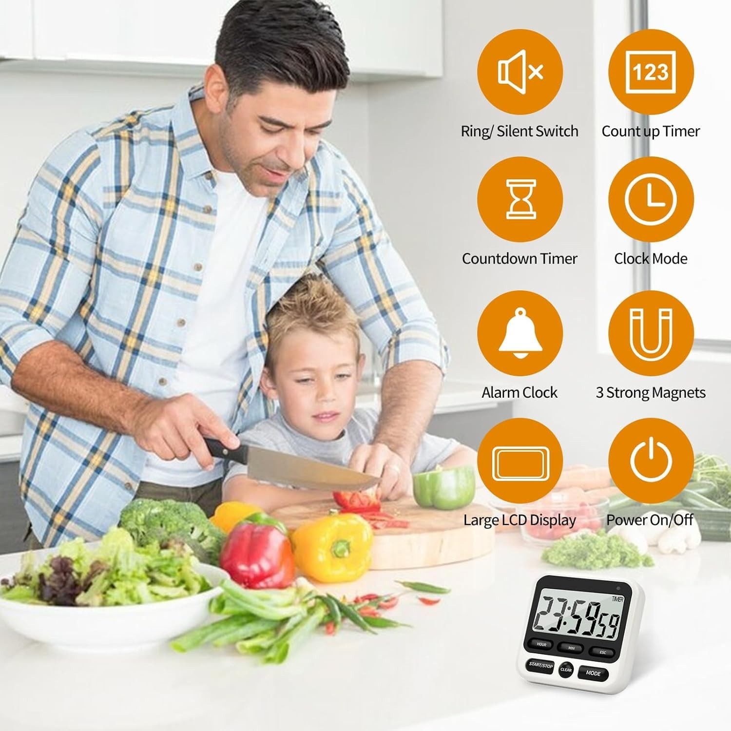 Digital Kitchen Timer 24 Hour Clock and Alarm Function with Silent or Alarm M...