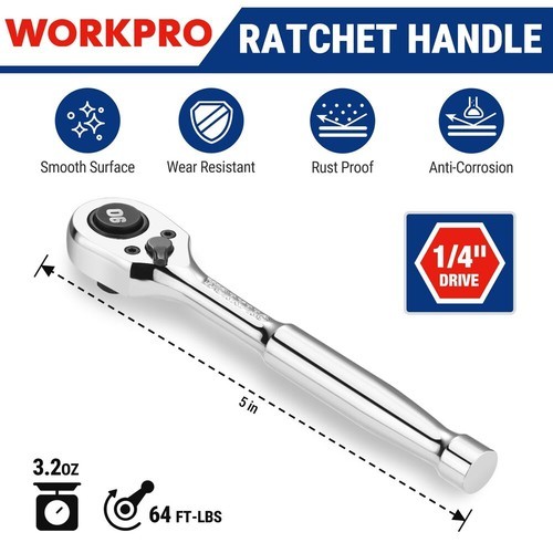 WORKPRO Low Profile 1/4-Inch Drive Ratchet 90-Tooth Quick-release Ratchet Wrench
