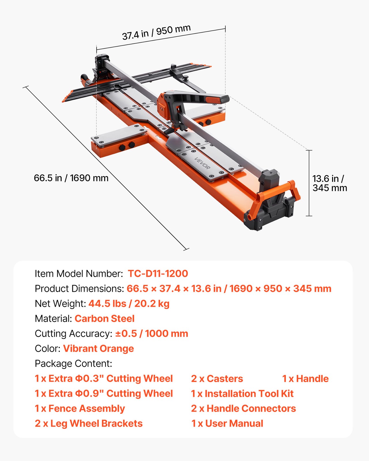 VEVOR 47.2-Inch Manual Tile Cutter Spring-Loaded Base Adjustable Angle Fence