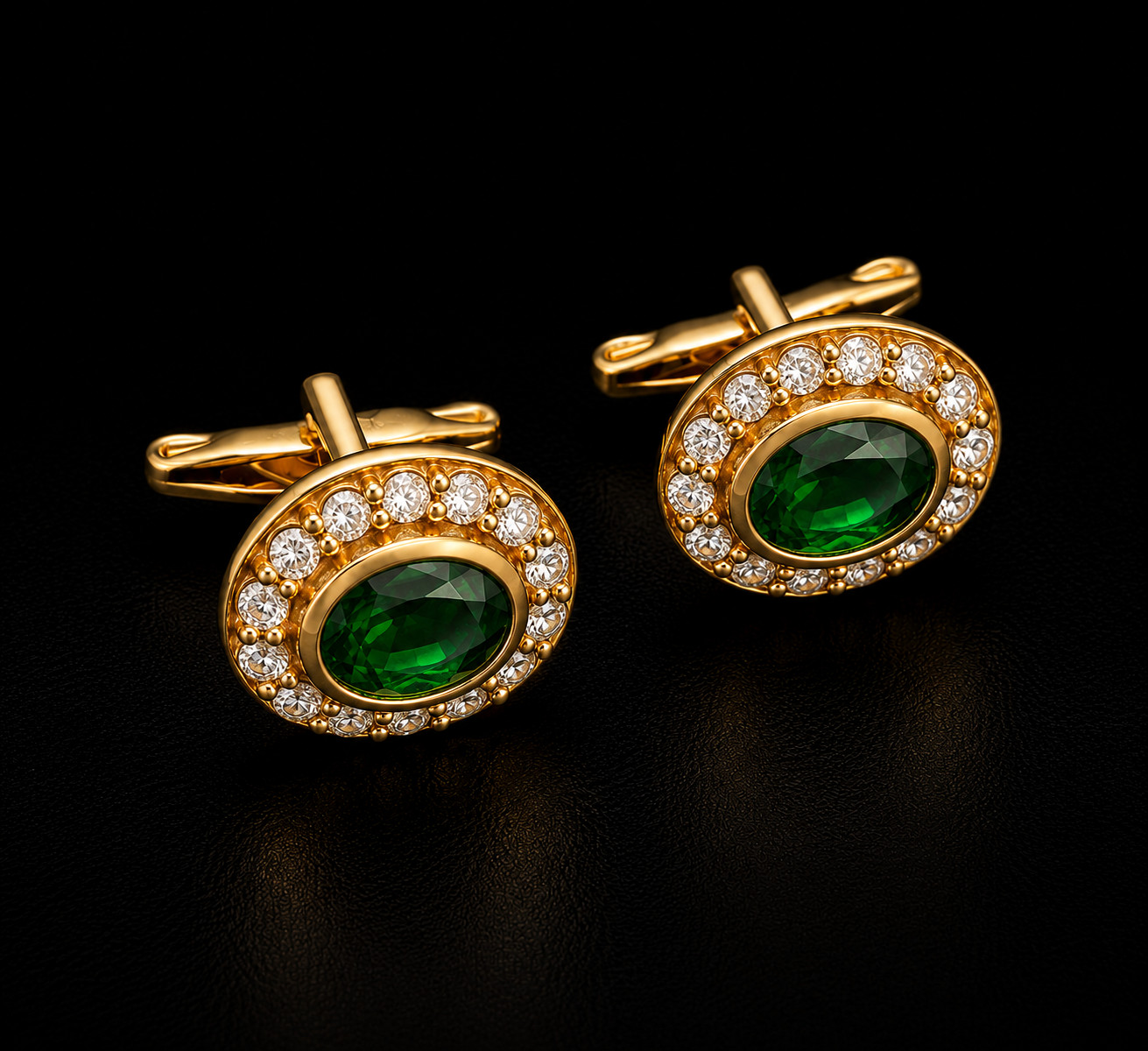 Emerald Green Crystal Halo Cufflinks Gold Tone Oval Wedding Cufflink Men