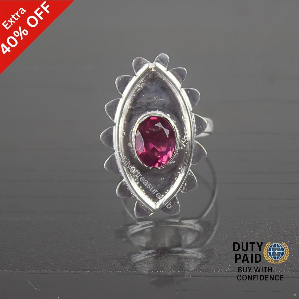 925 Silver Pink Tourmaline Stone Promise Bezel Band Daughter Trendy Ring Jewelry
