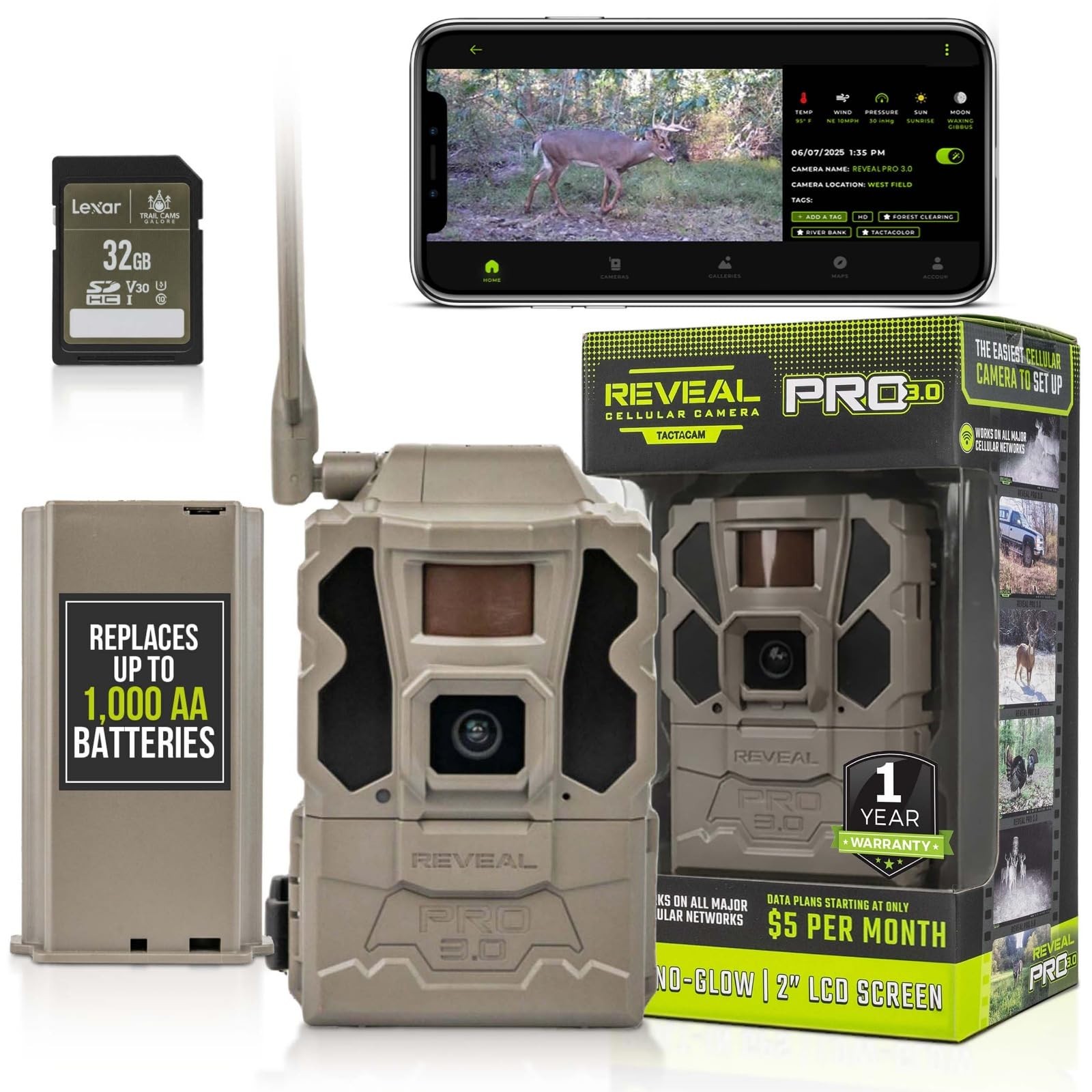 TACTACAM Reveal Pro 3.0 Cellular Trail Camera GPS No-Glow 2" LCD 1080p Lipo Pack