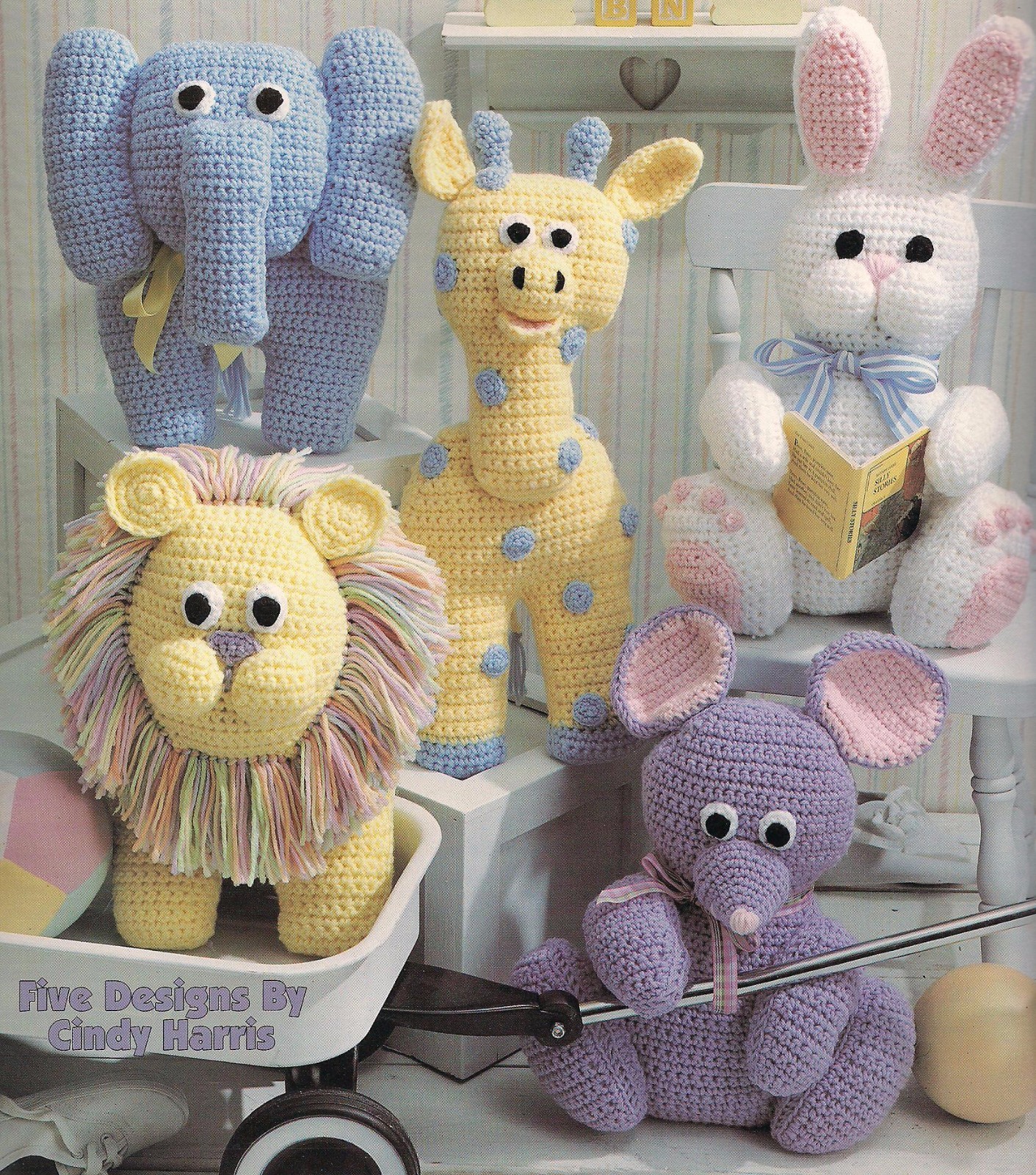 Toys for Tykes: animal crochet pattern: giraffe mouse elephant lion bunny RARE