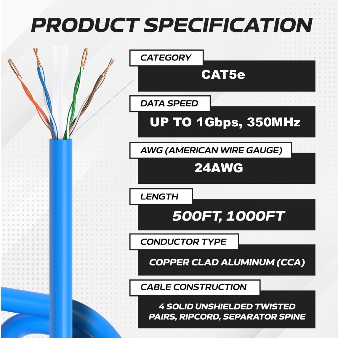 1000ft CAT5e UTP Solid Ethernet Network LAN Cable 24AWG Pull Box Bulk Wire White