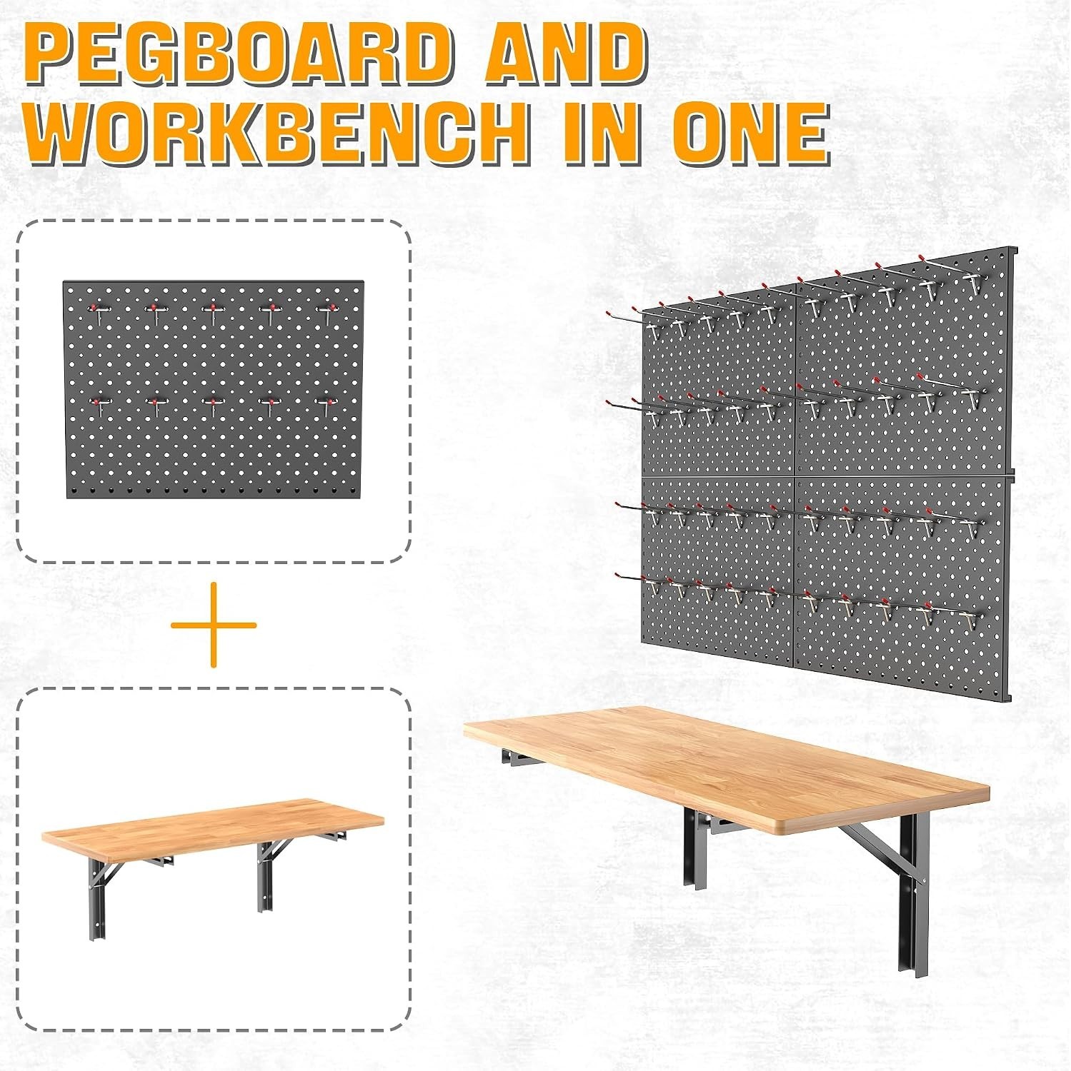 Folding Workbench with Pegboard, Wall Mount Work Table | Heavy Duty Garage Wo...