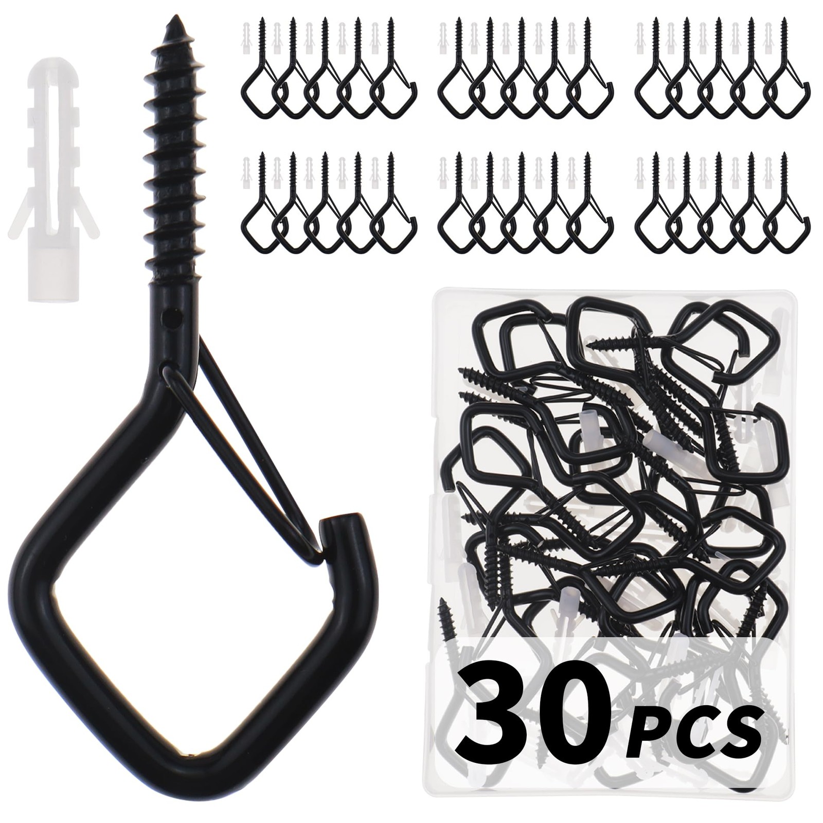 CADONO 30 PCS Cup Screw-in Hanger Hooks with Safety Buckle, Windproof Black