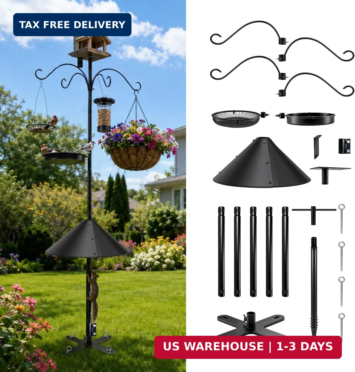 92 Inch Squirrel Proof Bird Feeder Pole with X shape Base Plate, Heavy Duty 1 In