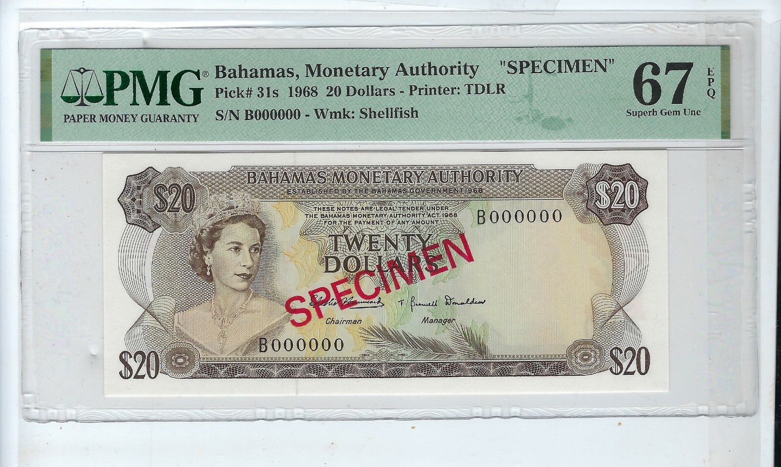 BAHAMAS SPECIMEN 20 DOLLARS P31s BANKNOTE 1968 PMG 67 EPQ QEII QUEEN ELIZABETH