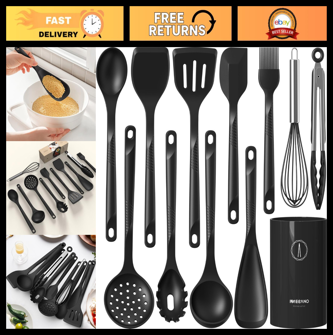 Heat Resistant Silicone Cooking Utensils Set - Nonstick Kitchen Tools, BPA Free,