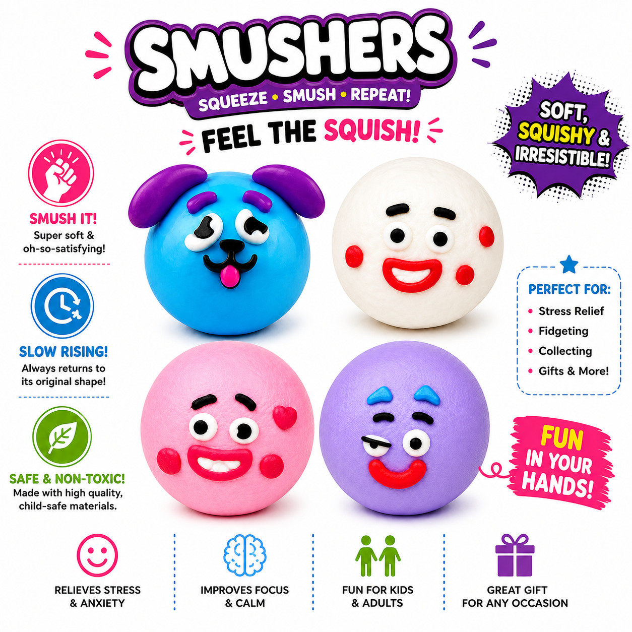 Smushers Squishy Dog Face Toys, Funny Squeeze Stress Relief Fidget Sensory Gift