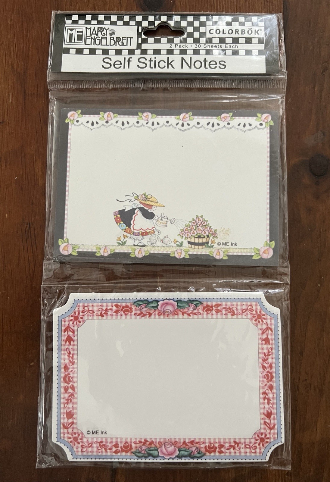 Mary Engelbreit Self Stick Notes Rose Gingham & Girl Watering Roses