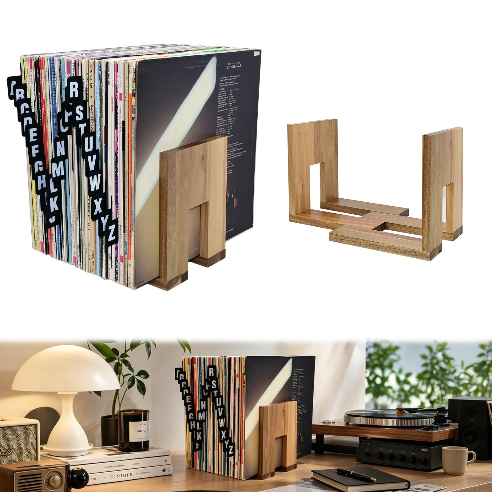 Adjustable Vinyl Record Holder With Dividers（A-Z）, Acacia Wood Record Stand T...