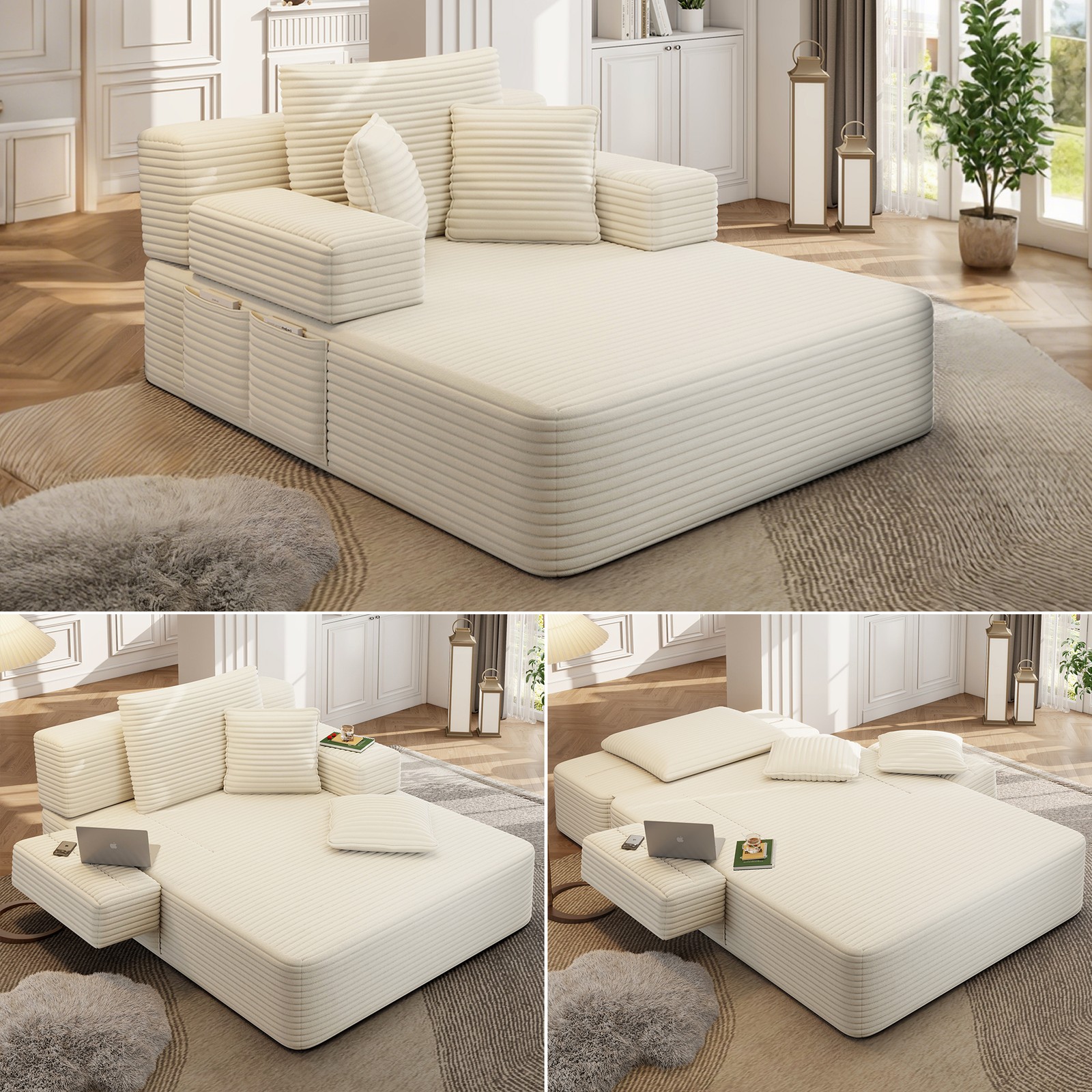 Luxurious Plush Corduroy Chaise Lounge with 3 Pillows, Convertible Sofa Bed with