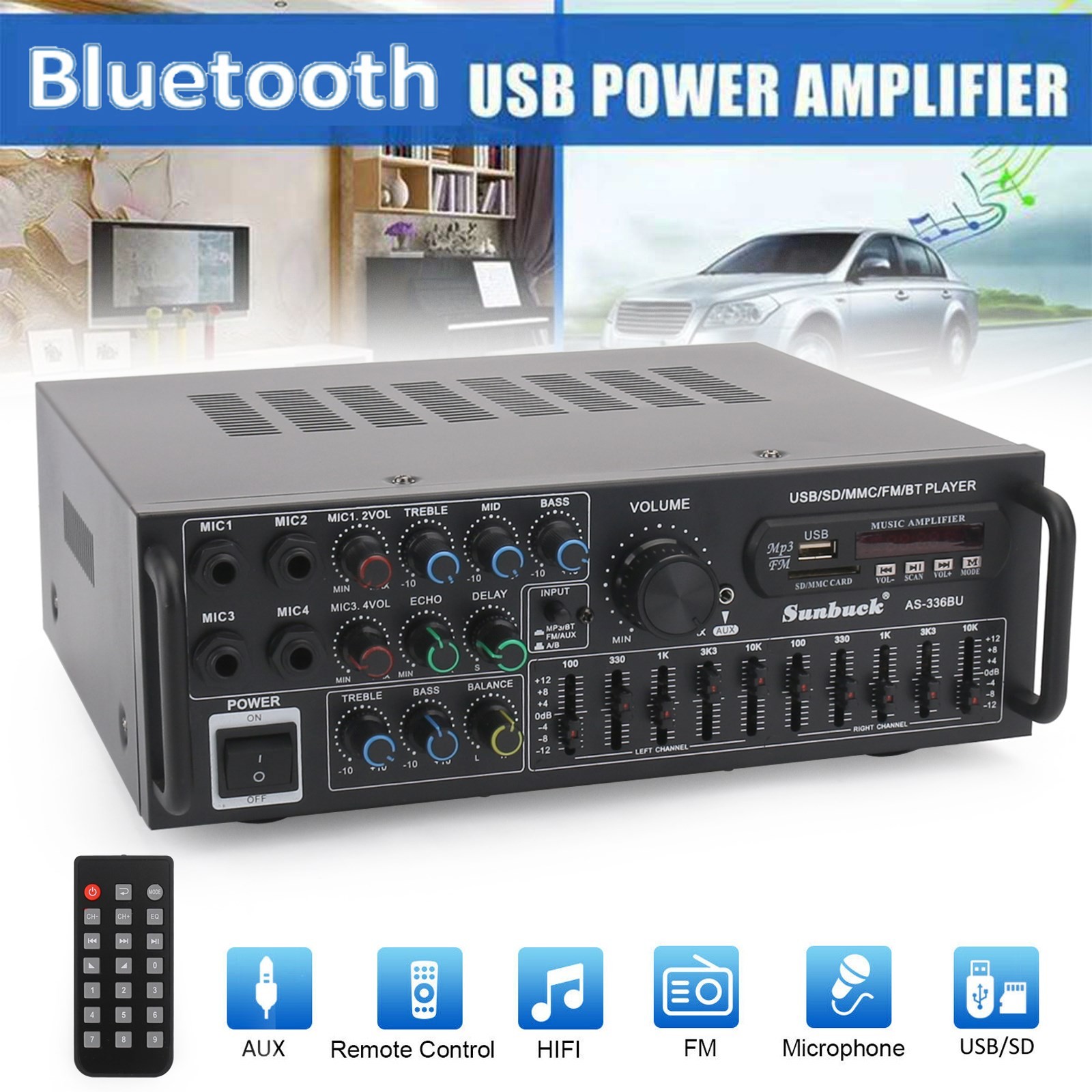 Sunbuck 2000W Power Amplifier 2-CH Bluetooth 5.0 Stereo FM USB EQ AUX w/ Remote