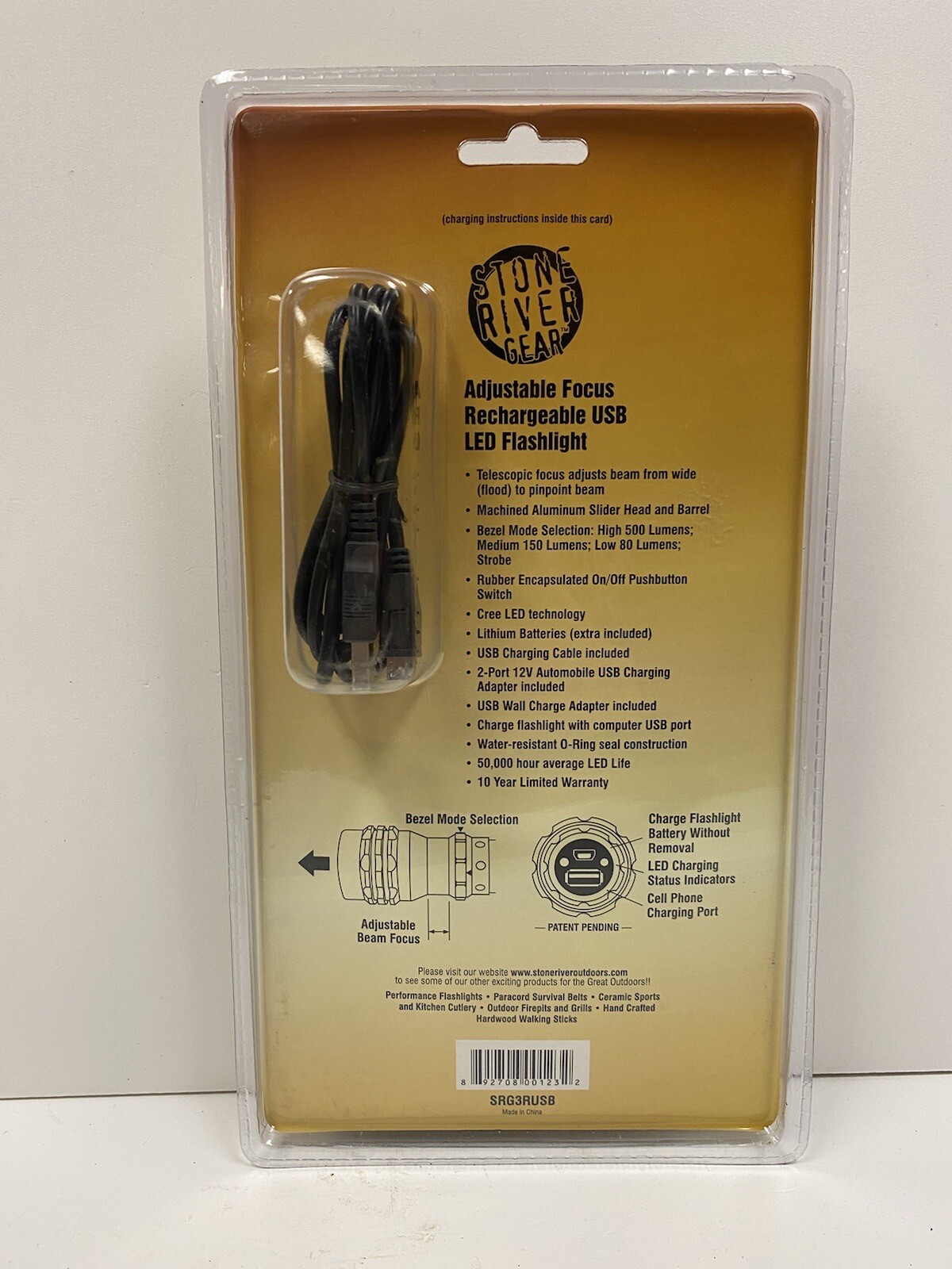 Stone River Gear SRG3RUSB Black/Orange USB Rechargeable CREE LED Flashlight NEW