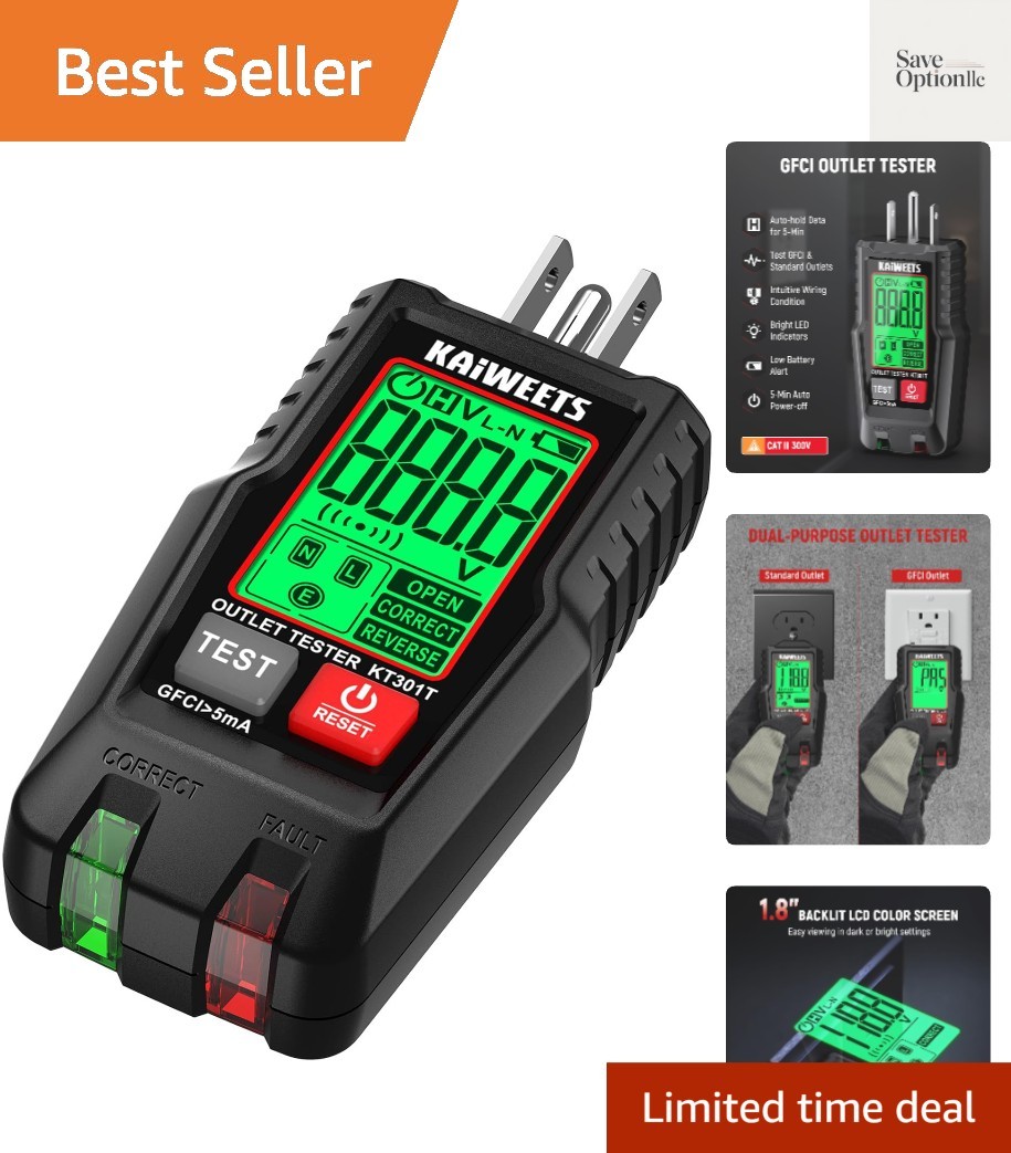 GFCI Outlet Tester with LCD Display, 3-Prong Receptacle Wiring Detector, Volt...