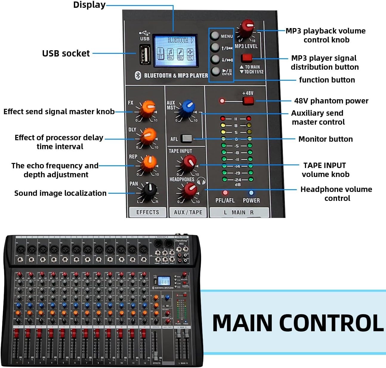 Compact 12-Channel DJ Mixer with USB Interface & Bluetooth Streaming Capability