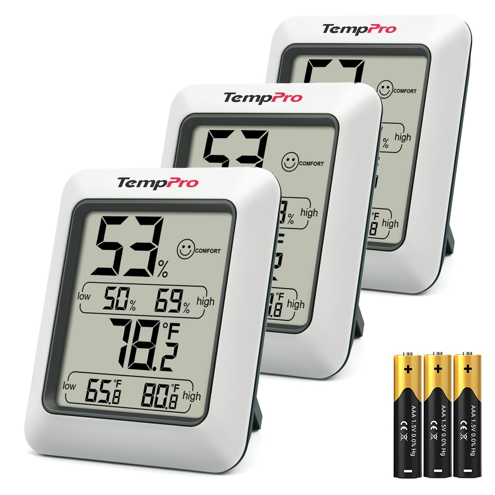 TempPro TP50 3 Pieces Digital Hygrometer Indoor Thermometer Room White