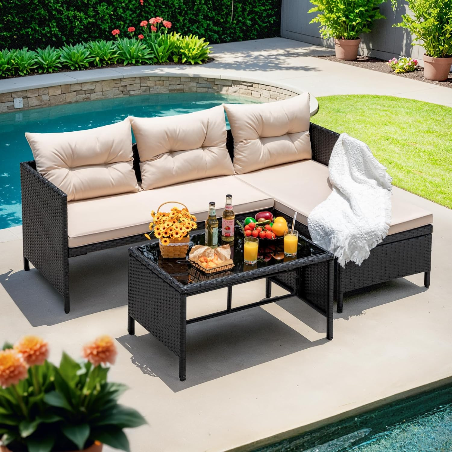 Devoko Outdoor Patio Furniture 3-Piece Rattan Waterproof Outdoor Sectional Sofa