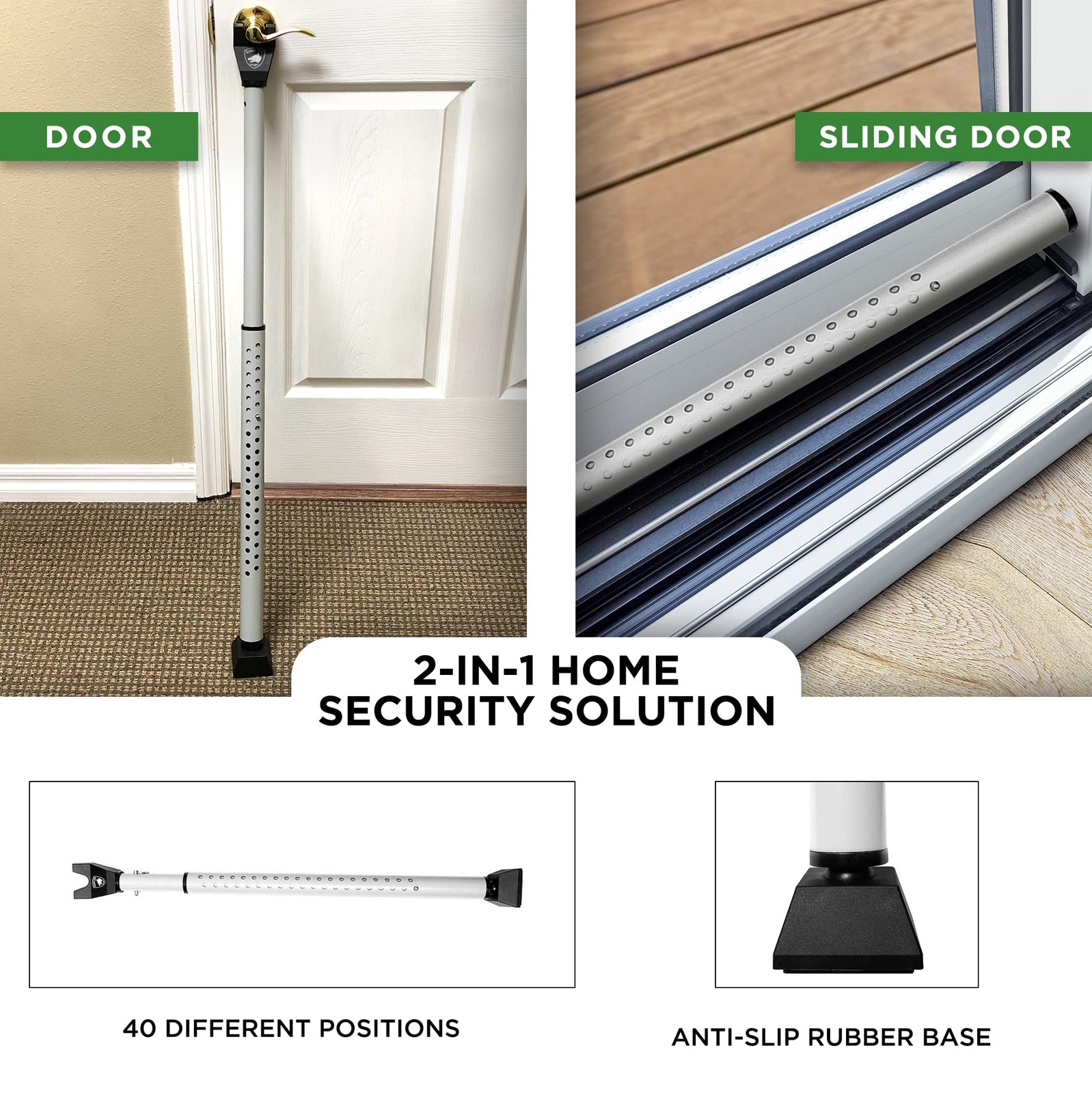Sliding Door Security Bar, Jammer 2-in-1 Adjustable, 2 Pack, White