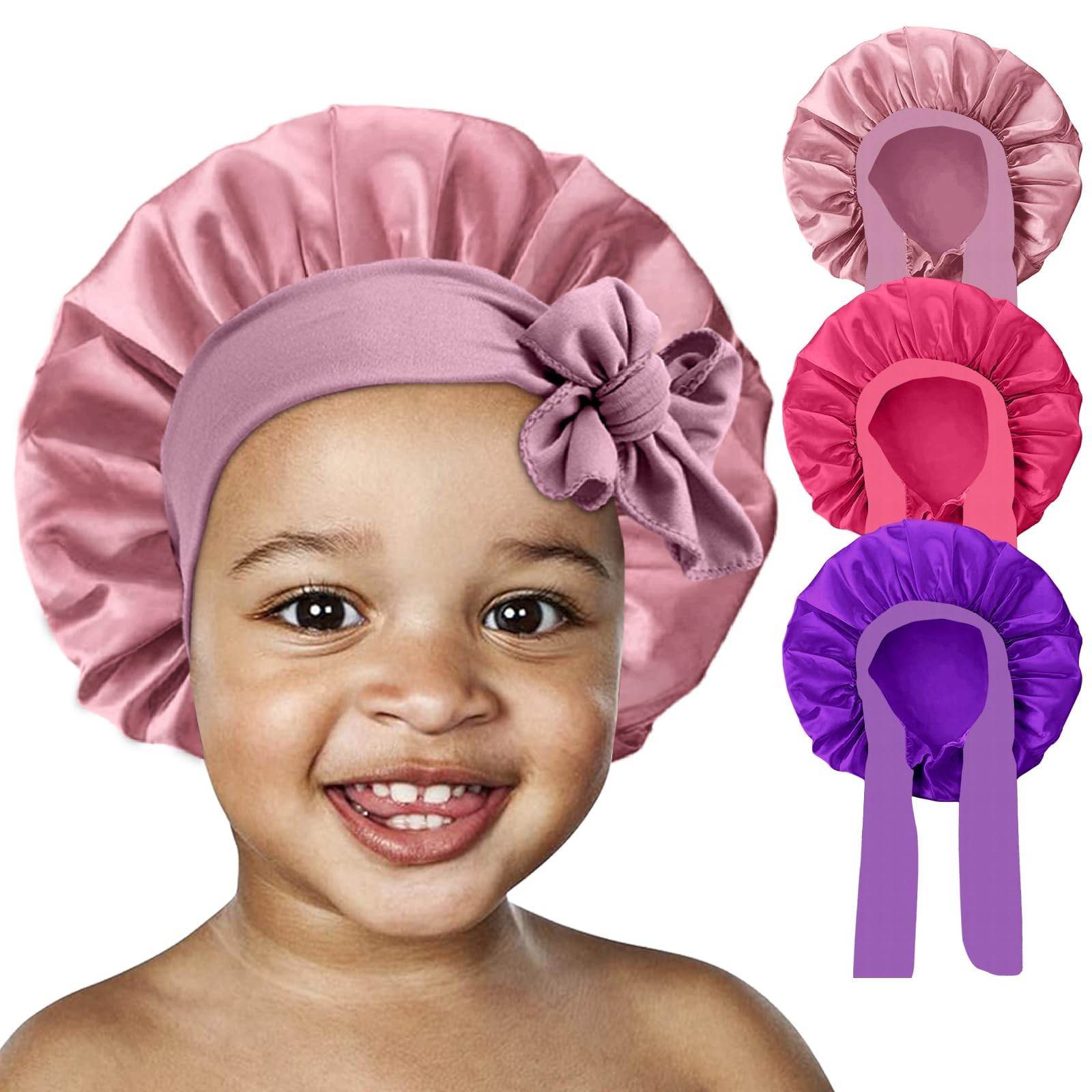 3 Pack Kids Silk Satin Bonnets Toddler Caps for Sleeping Curly Hair Boys Girls