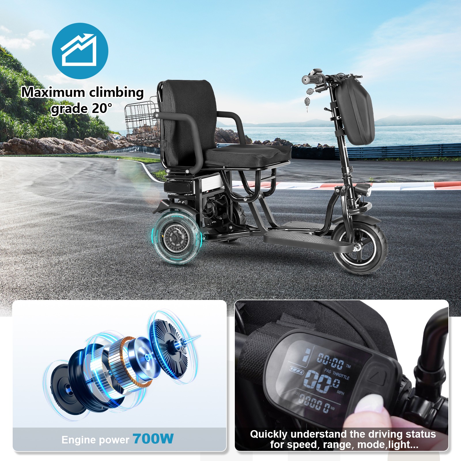 700W Foldable Mobility Scooter 20 miles 48V/10A + Another Airline Battery
