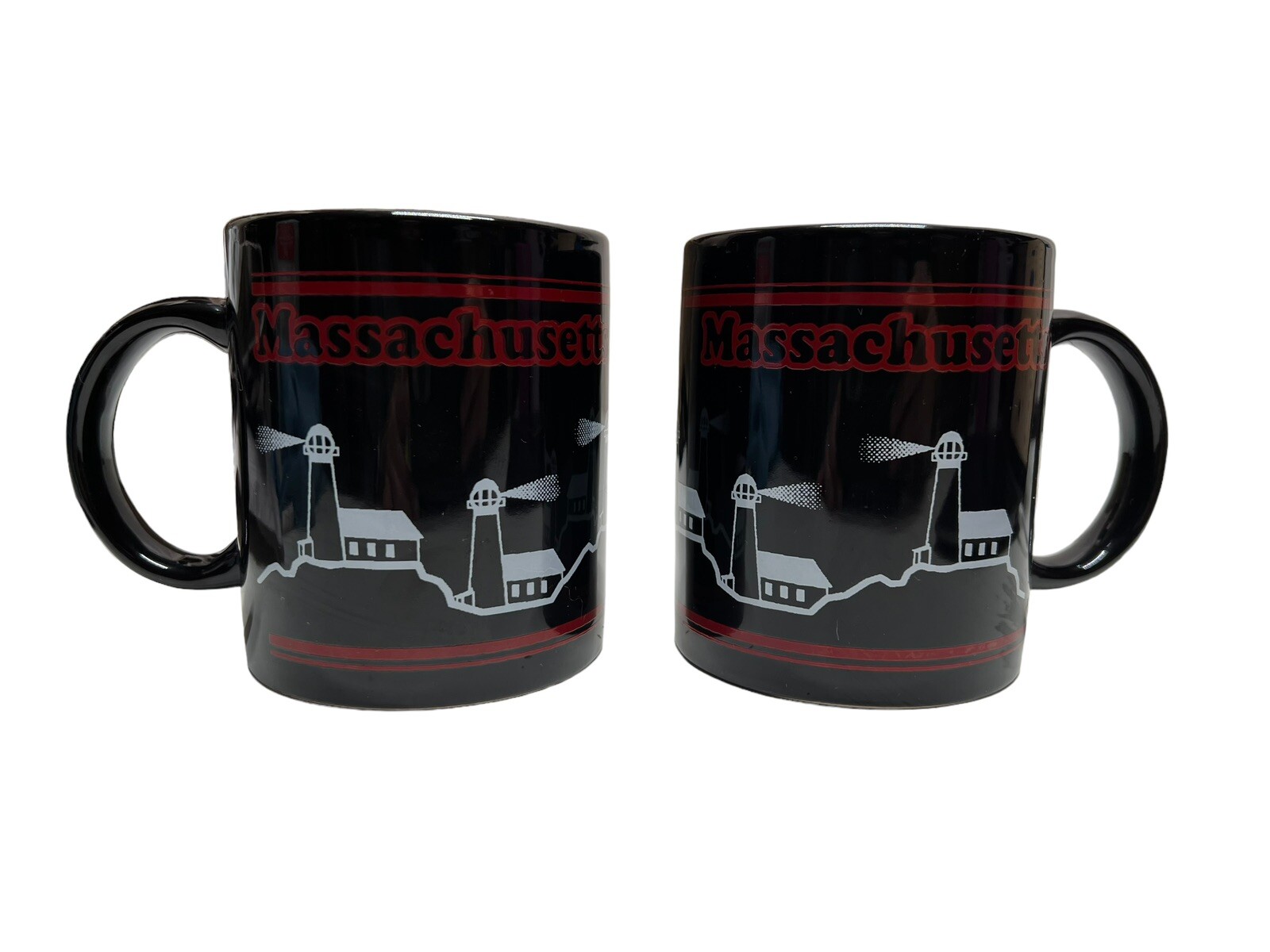 Vtg Pair Massachusetts Black Red Lighthouse Souvenir Coffee Mugs