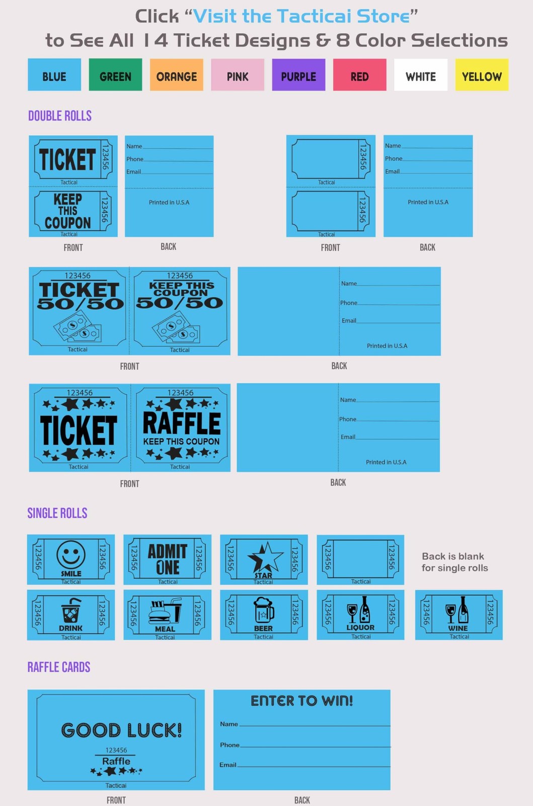 Tacticai 2000 Smile Raffle Tickets, Single Roll, Blue