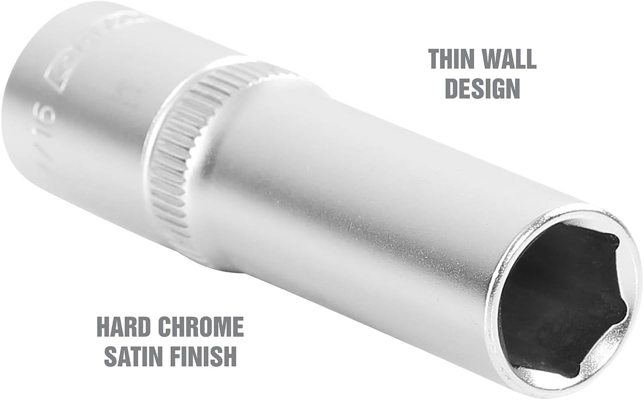 7/16" Deep Socket, 3/8" Drive, Thin Wall Design, Hex Automotive Tool