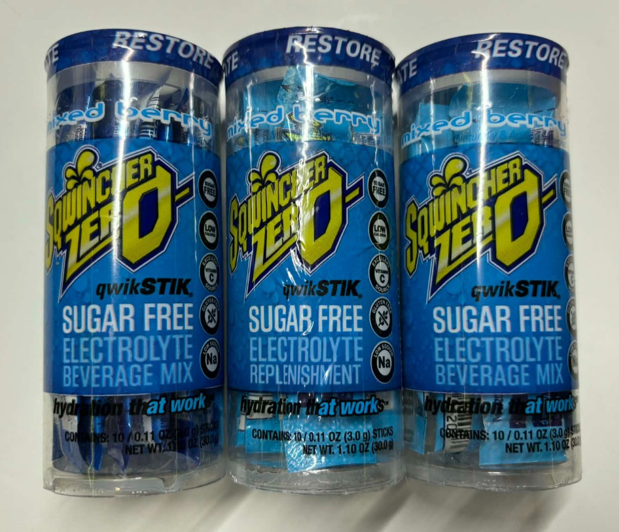 3 Sqwincher Zero QwikStik Sugar Free Electrolyte Beverage Mix Mixed Berry 30 Ea