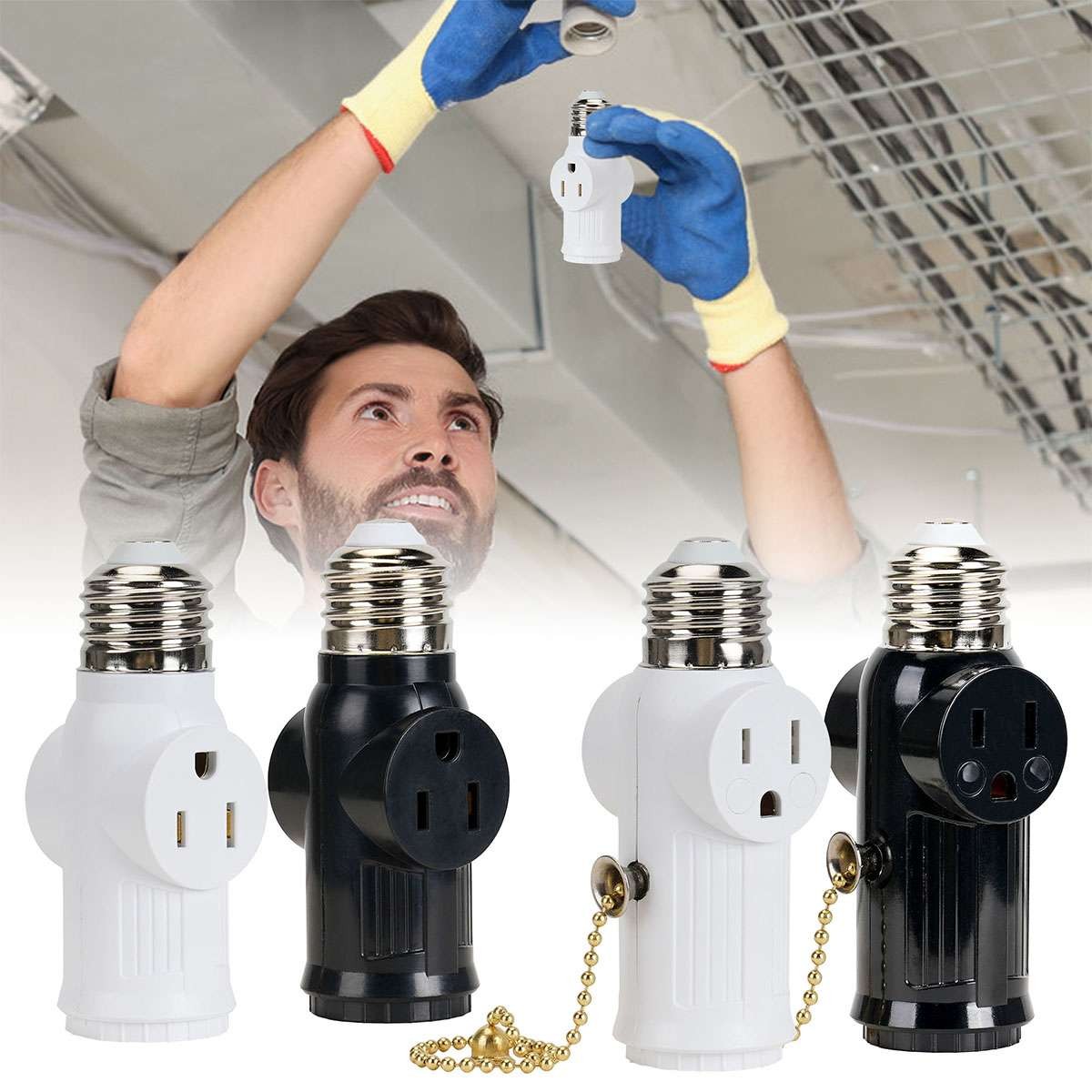 E27 E26 Bulb Screw Light Socket 2/3 Prong With Pull Chain Switch Outlet Adapter