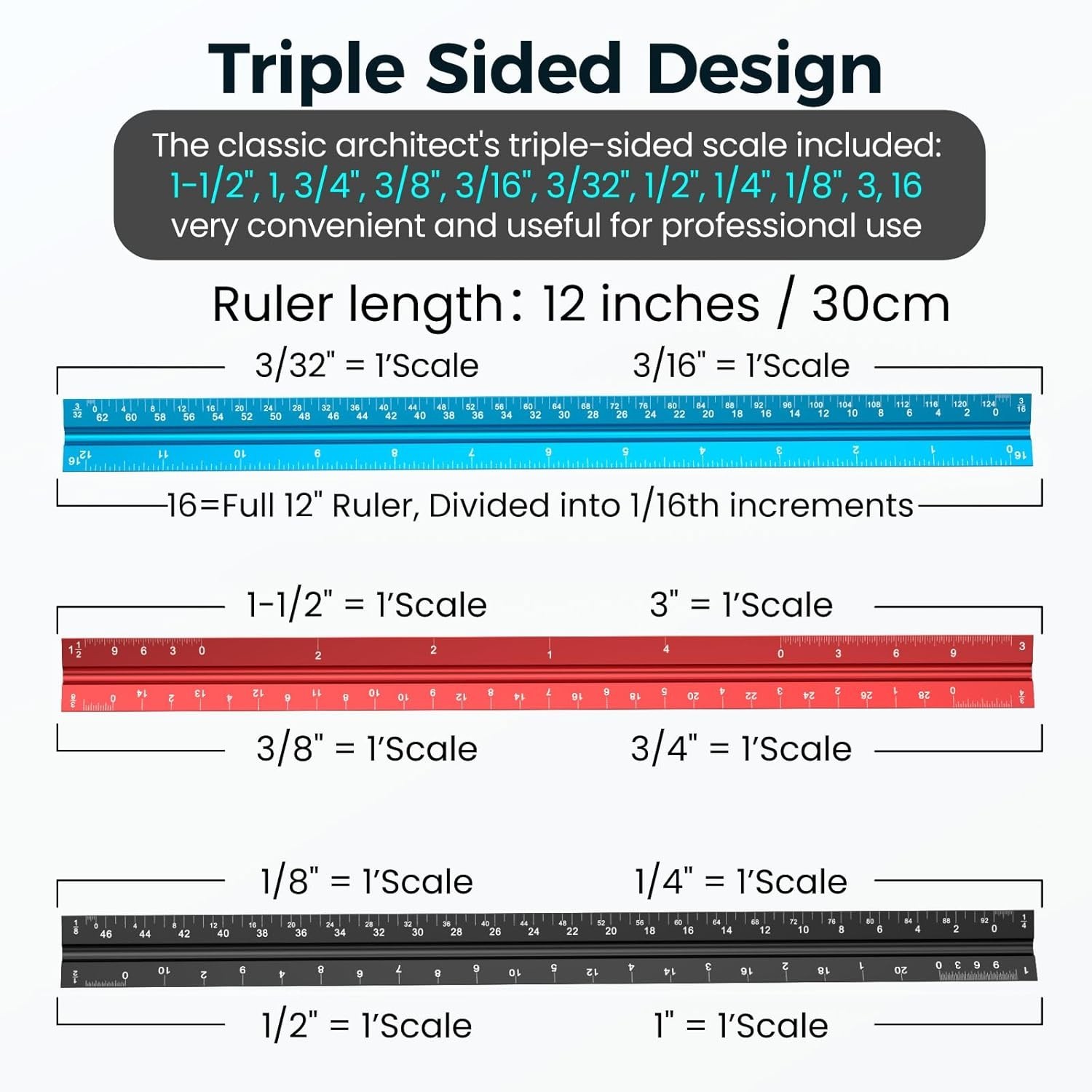 High-Impact 12" Blue Triangular Scale Ruler - Perfect for Engineering Drafting
