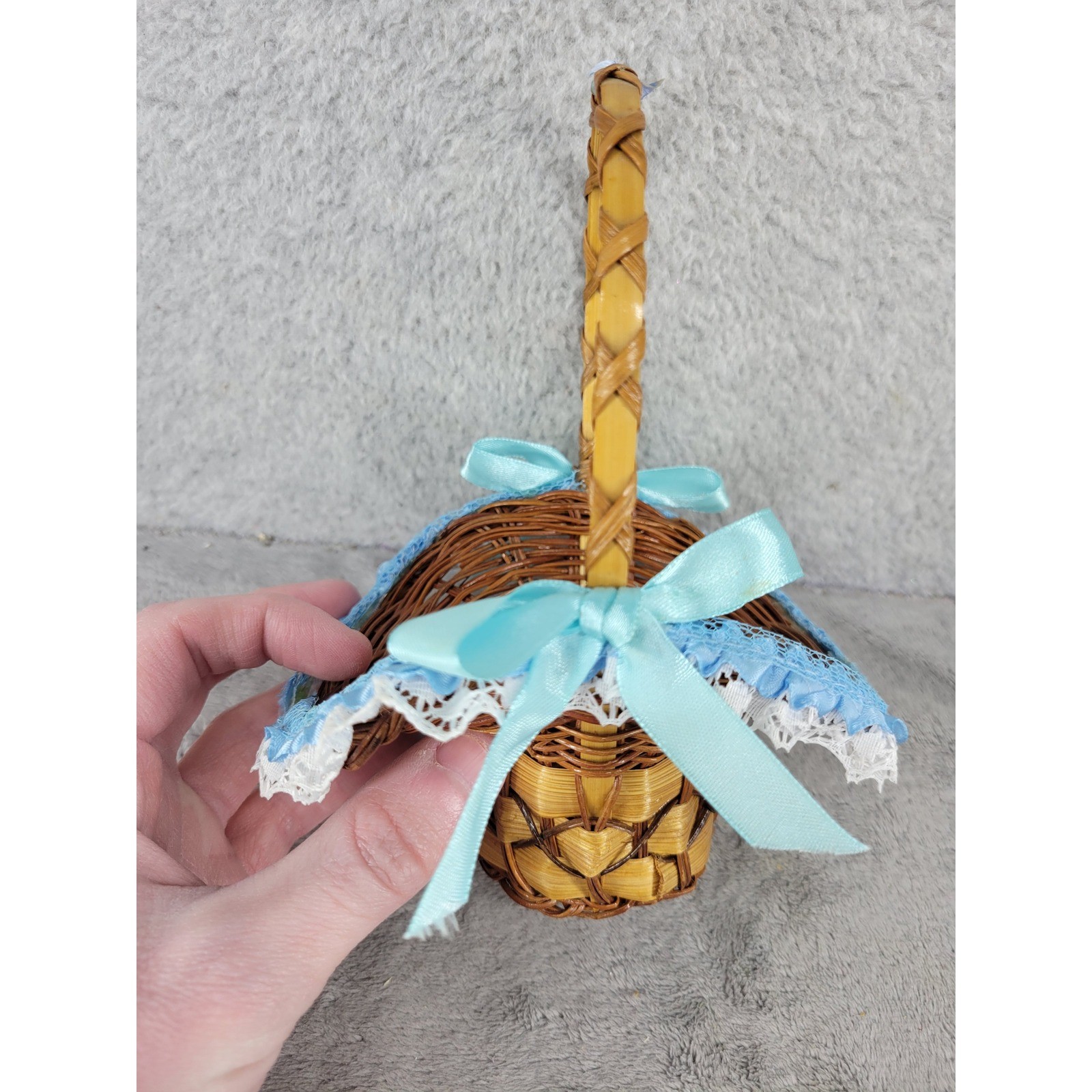 Mini Wicker Basket Blue Lace Trim Pastel Ribbons Easter Wedding Decor