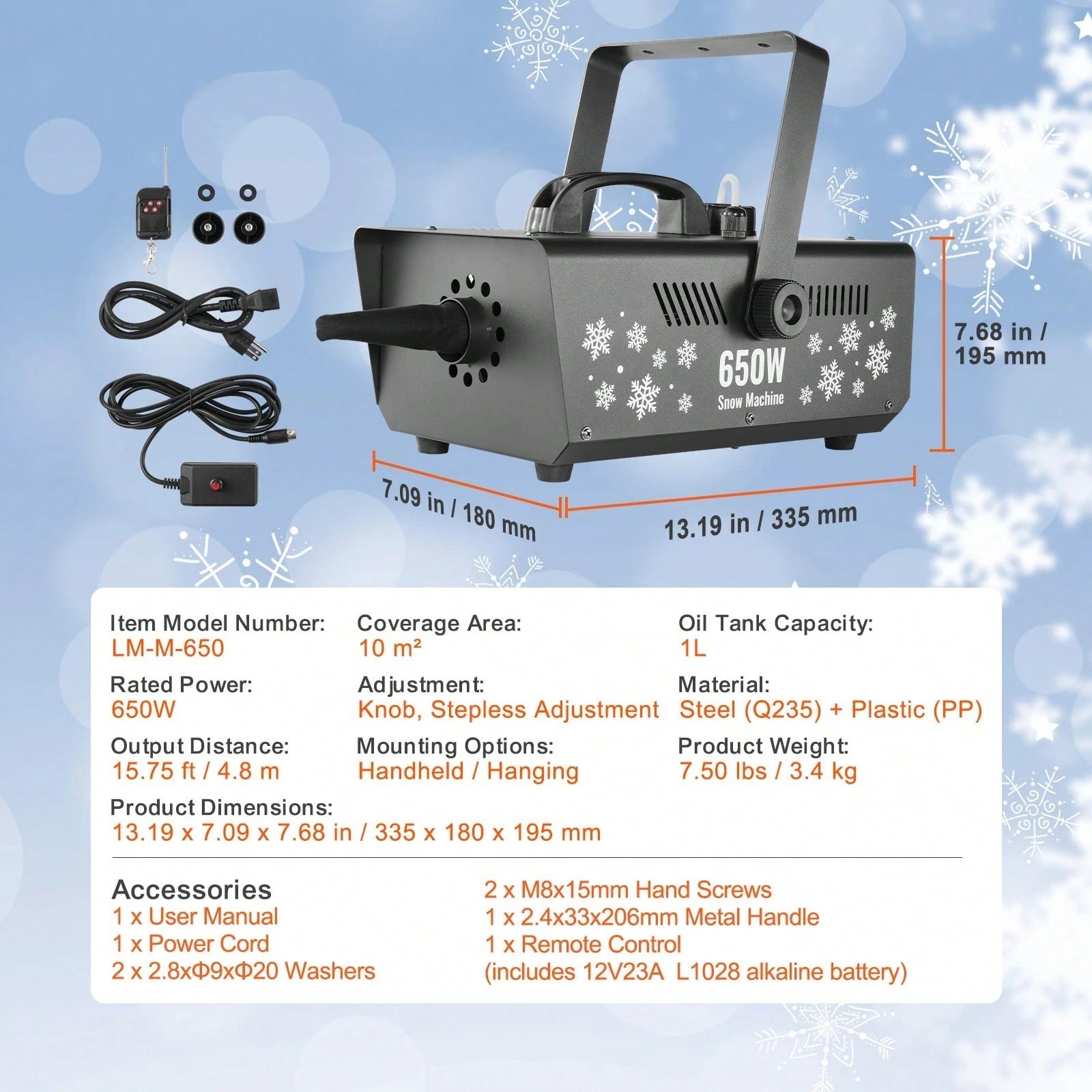 650W Artificial Snow Machine Maker Wireless Remote 1L Tank Party Stage Effect