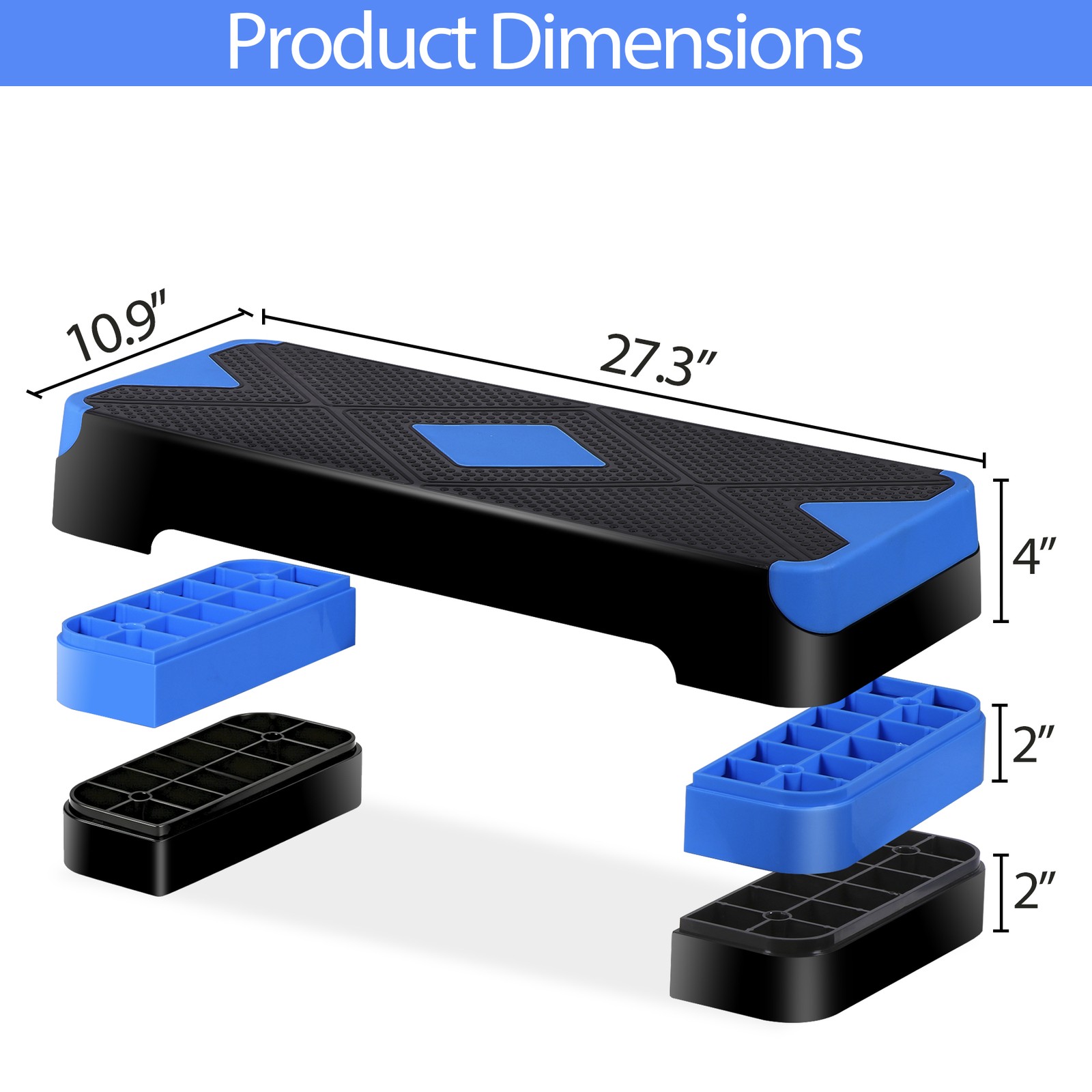 Aerobic Step Platform Exercise Step Adjustable Height 4"-6''-8' w/4 Risers Blue