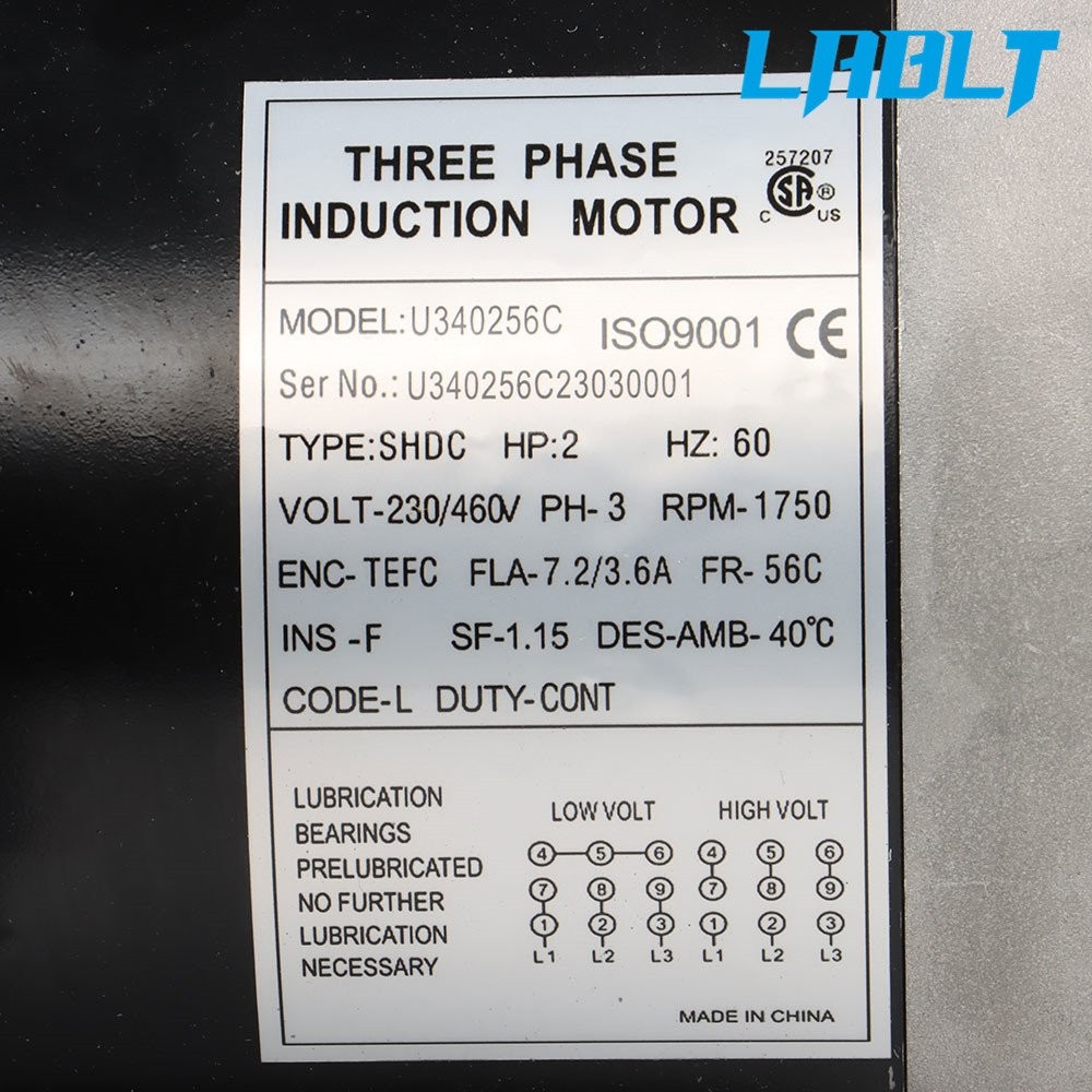 LABLT Electric Motor 2 HP Three Phase 56C Frame 1800 RPM TEFC 230 / 460 Volt