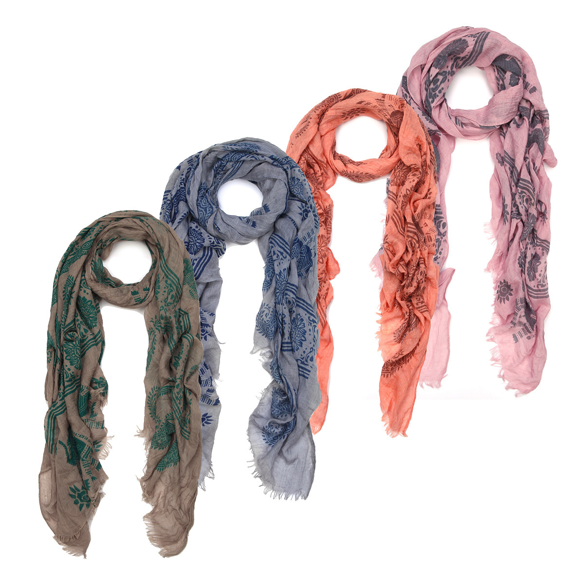 Unique Viscose Aztec Elephant & Paisley Print Frayed End Scarf - Diff Colors