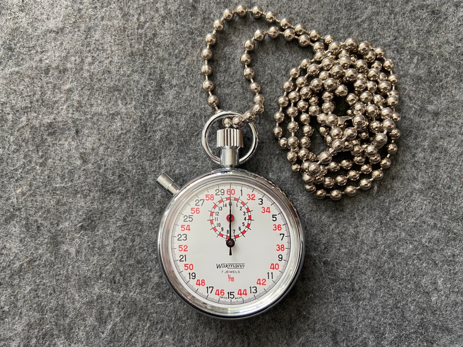 Swiss Made Wakmann 7 Jewels 1/10 Vintage Mechanical Wind Up Stopwatch with Chain