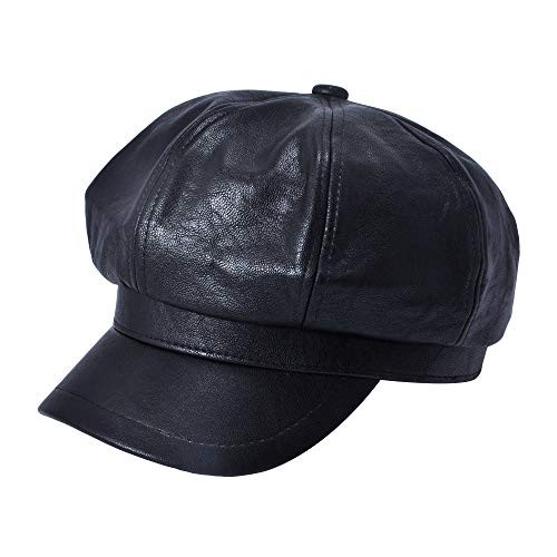 Womens PU Leather Newsboy Caps Gatsby Cabbie Hat for Girls One Size Black