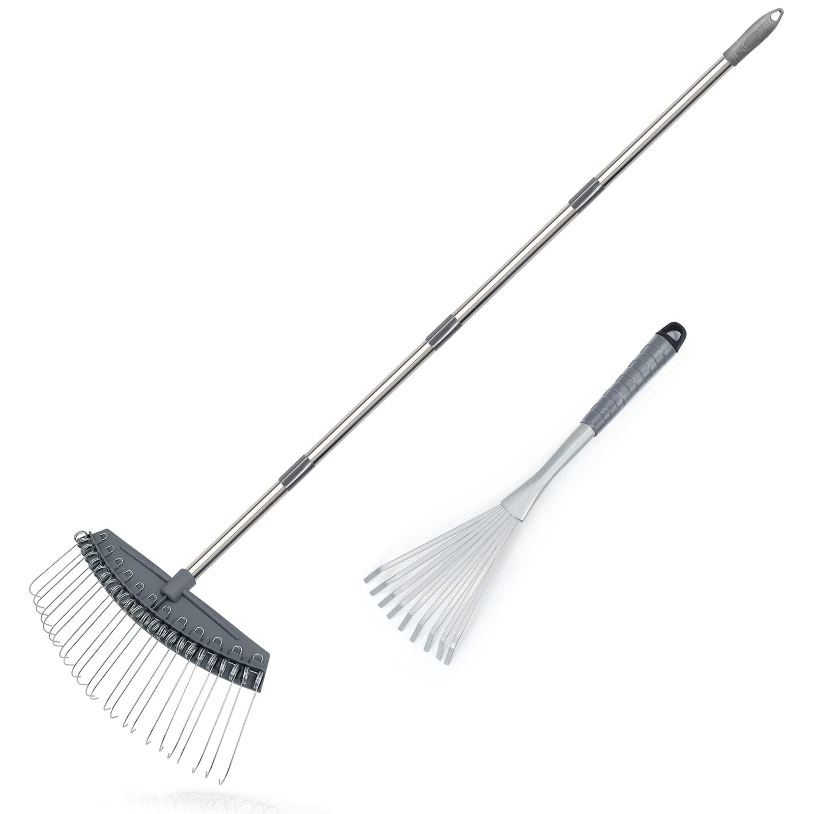 Adjustable Yard Thatch Rake 17-63 Inch Handle with 24 Wide Metal Tines