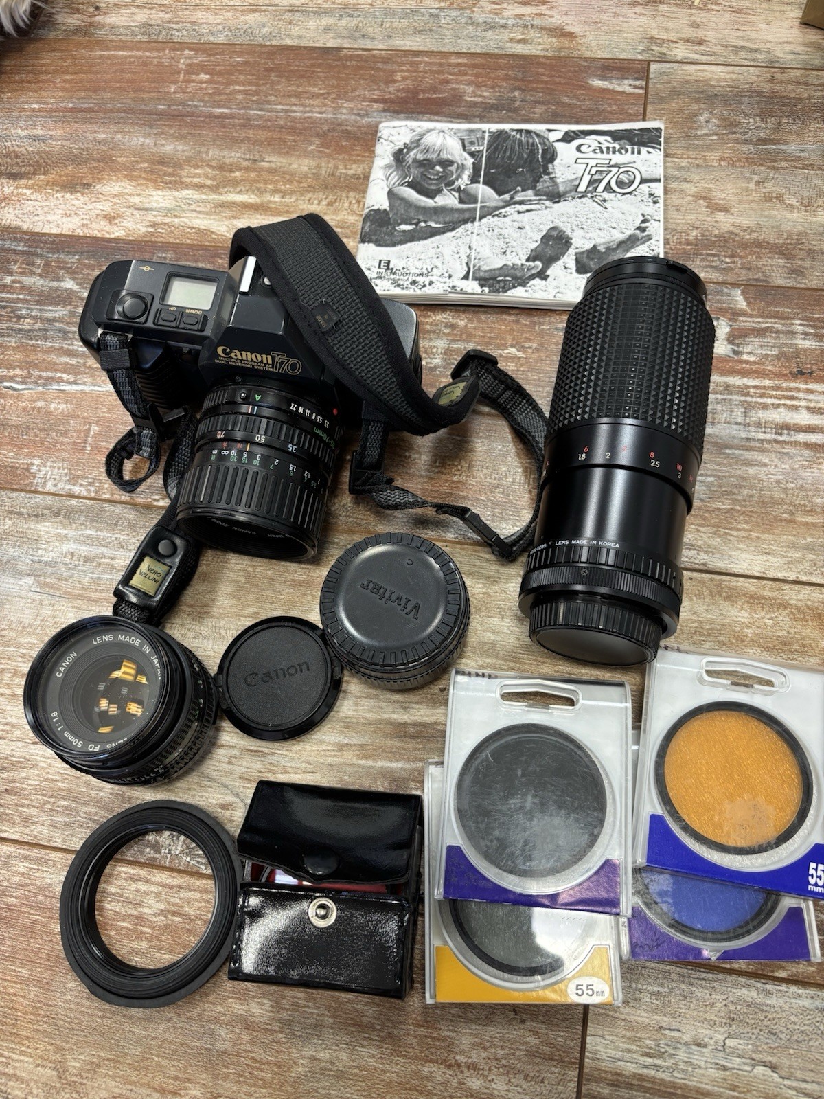 Canon T70 Camera With Multiple Lenses Filters Docs Strap 35mm
