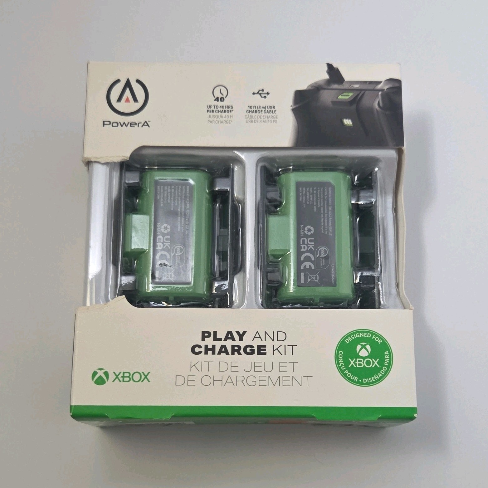 PowerA Play and Charge Kit Battery Pack 10 ft USB Rechargeable LED Xbox