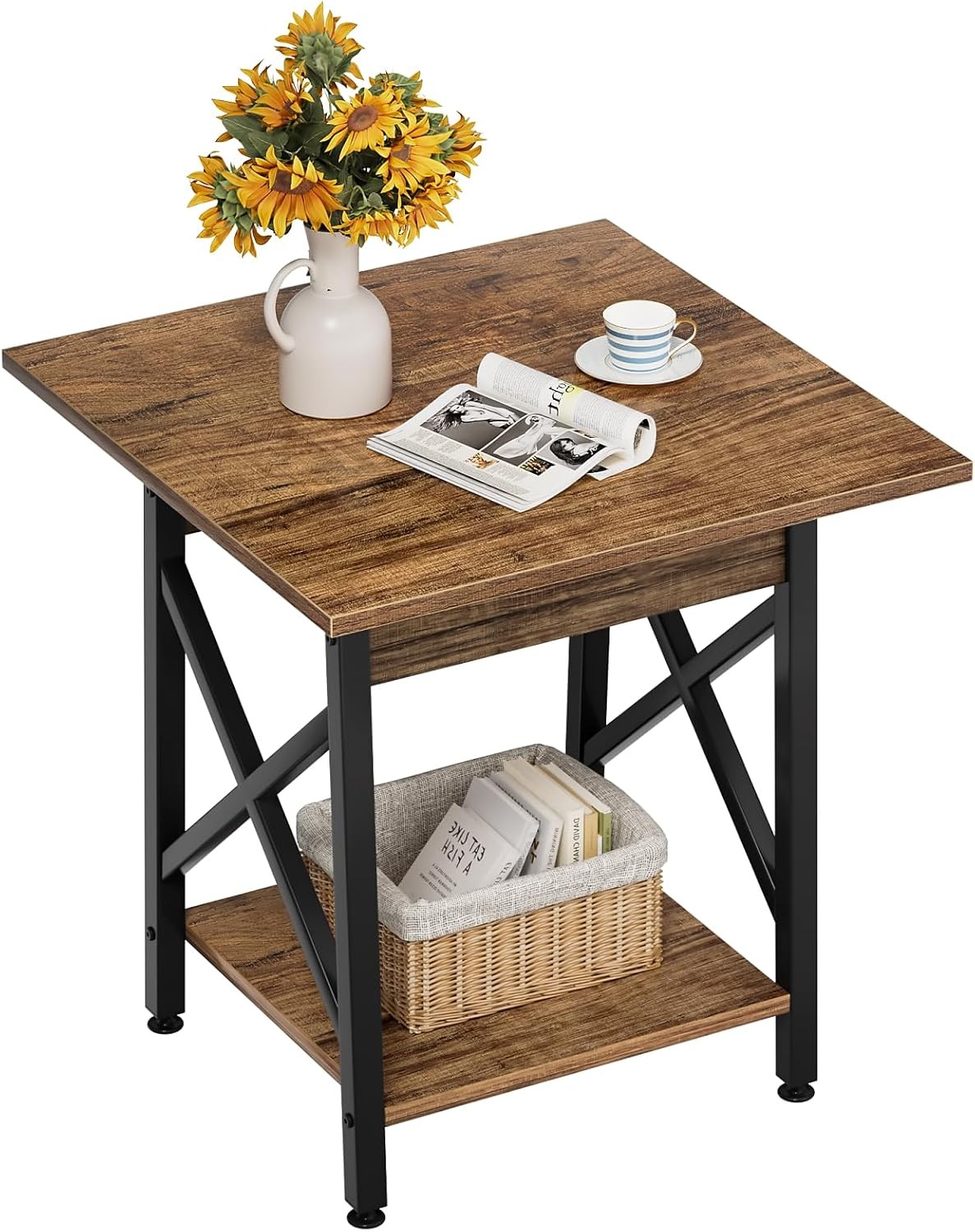End Table 24 inch for Living Room,Large Square Side Tables with X-Frame,2-Tier