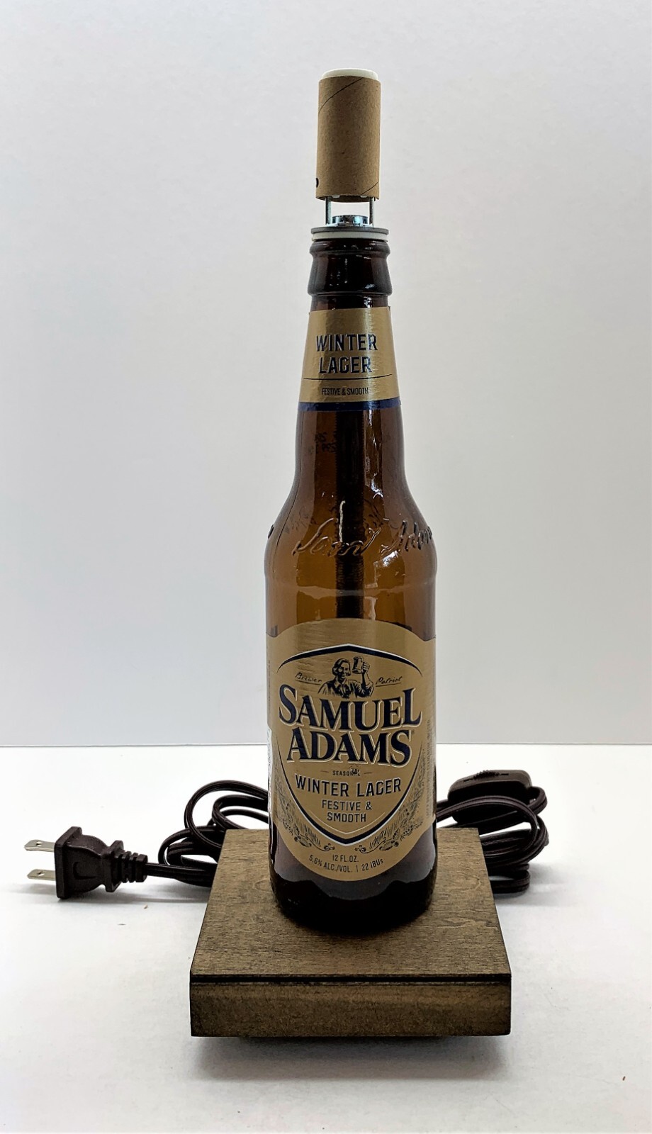 Samuel Adams Winter Beer Bottle TABLE LAMP w/ Wood Base, Desk Accent Light Decor