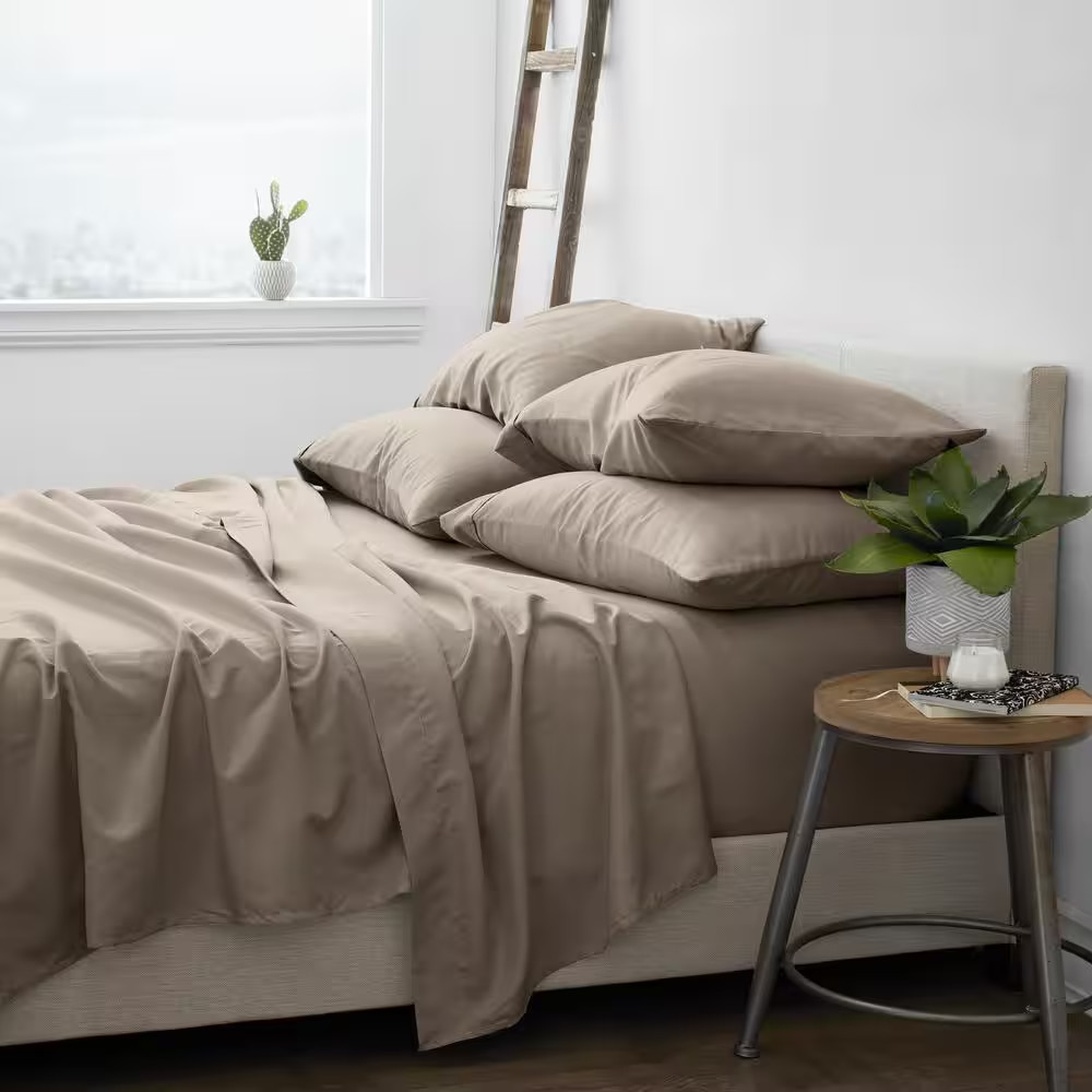6-Piece Taupe Solid Microfiber King Sheet Set Free Shipping New