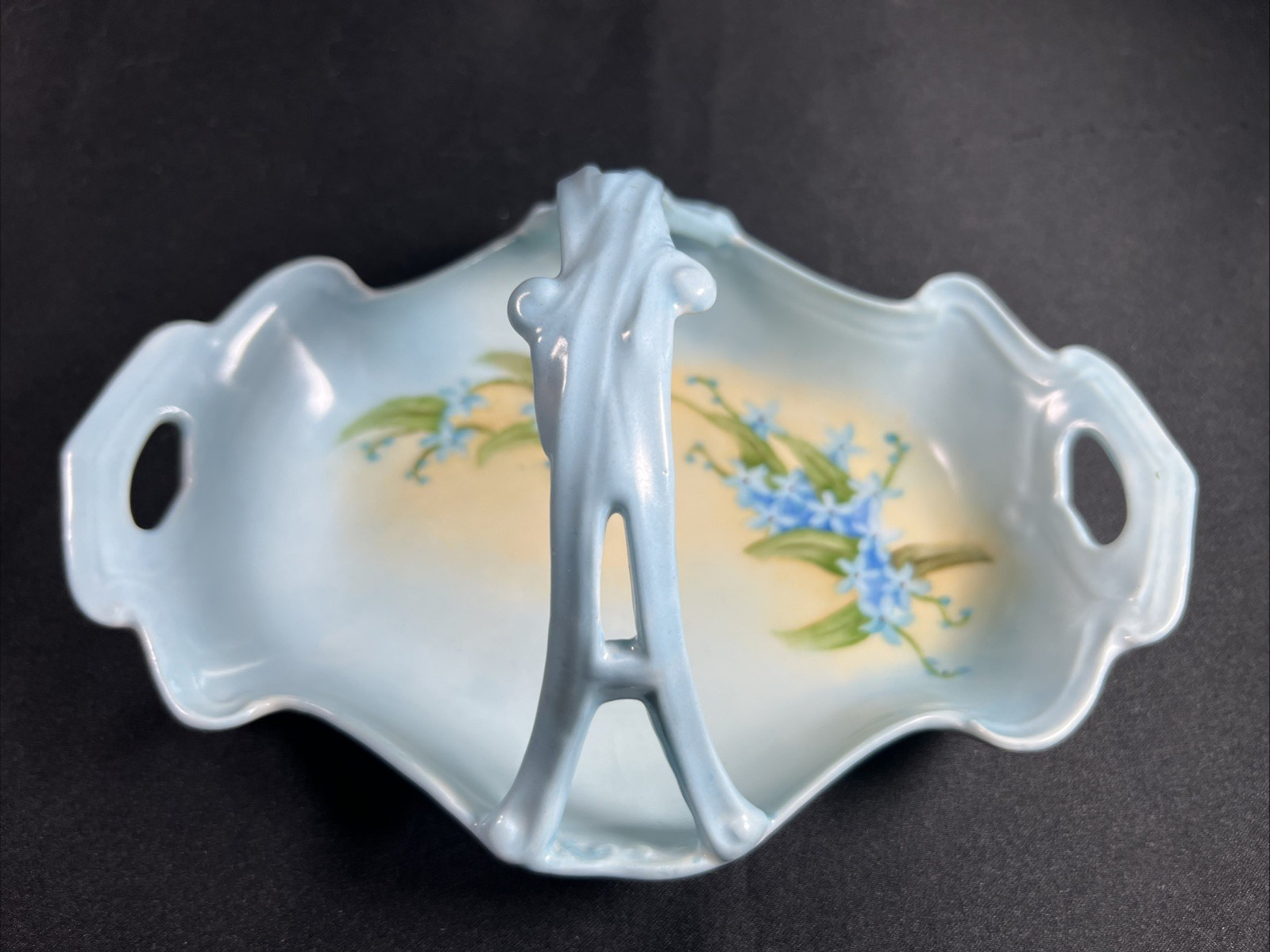 Limoges Basket/Dish with Handle Forget-Me-Knots, Artist Initials