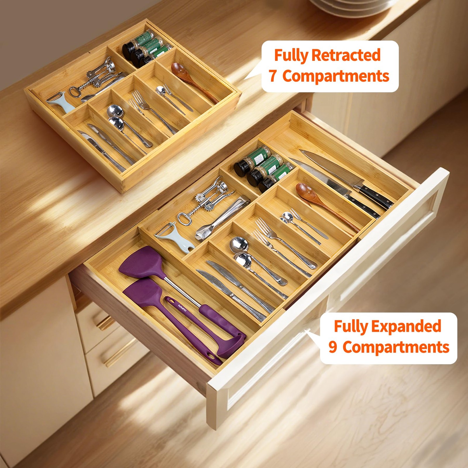 Utoplike Extra Large Kitchen Drawer Organizer, Solid Bamboo Natural