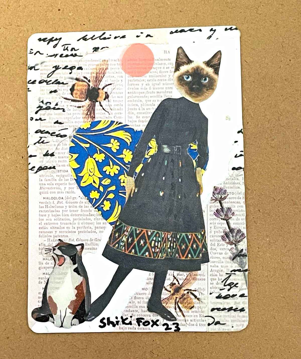 Shik Fox Original Signed Mixed Media Paper Collage Cat Spider, Unframed ACEO