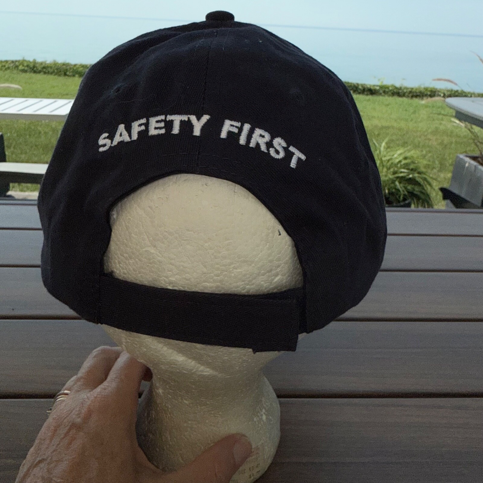 D.A. Dodd Red w Lite Blue Logo on Navy Cotton Hat Cap Hook Loop Safety First